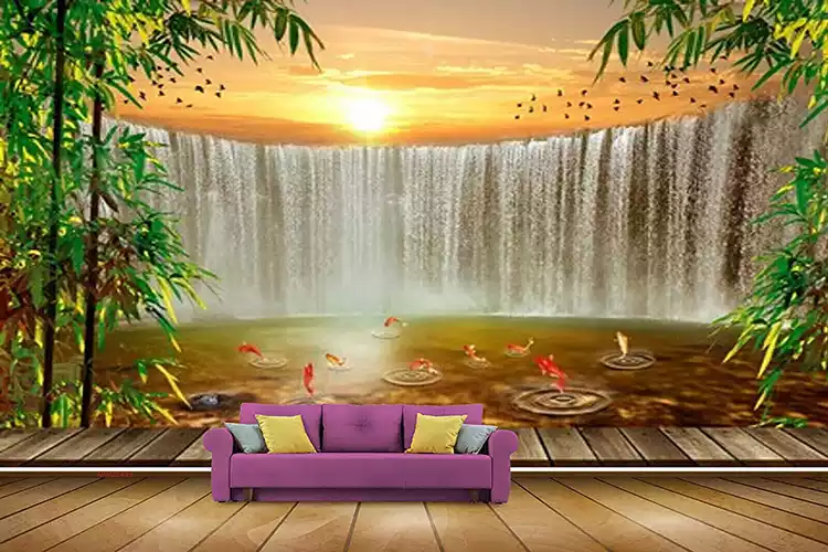 Sunset Birds Waterfalls Trees Fishes Leaves Pond River Wallpaper