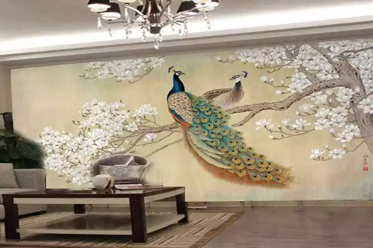 Frescoes Hand-Painted Peacock Large Silk Mural