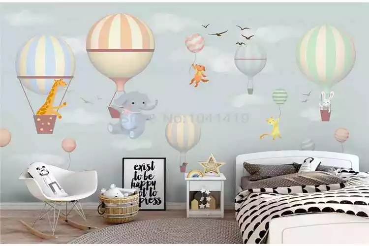 Custom Hot Air Balloon Elephant Bunny Kids Room Wallpaper