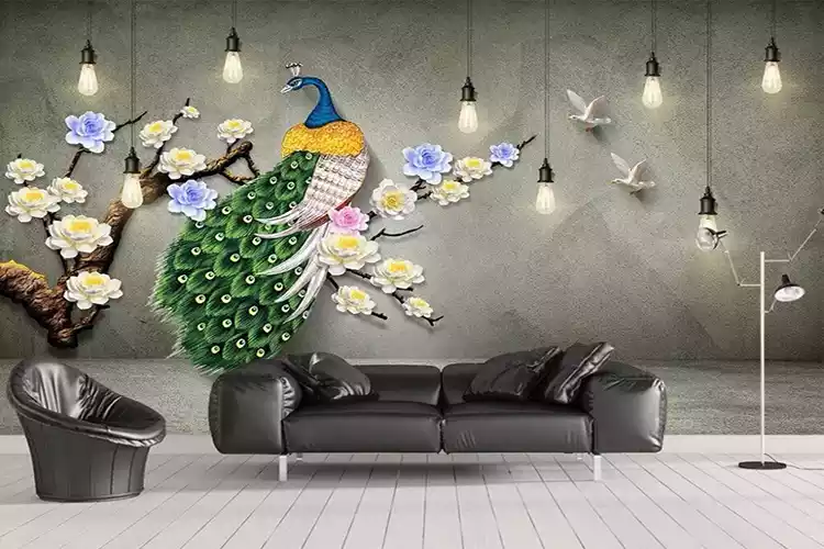 3D Green Peacock Background Mural