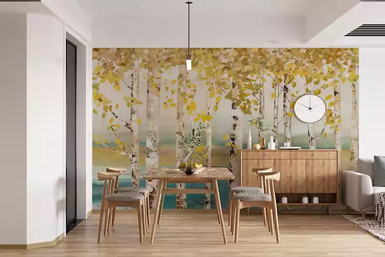 3D Cypress Birch Forest Golden Leaf Lake Wallpaper